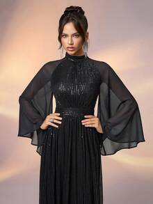 Elisanya 女士正式宴会优雅高领亮片撞色雪纺喇叭袖晚礼服长裙舞会礼服婚礼宾客毕业晚宴 - 黑色 - 查看 7