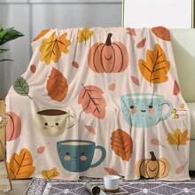 Vintage Autumn-Themed Flannel Throw Blanket With Pumpkin, Coffee Cup, And Leaf Print, Soft Warm Cozy Knitted Polyester Blanket Sofa, Bed, Car, Office, Camping, Travel - All Seasons Blanket280gsm Room Decor Home Essentials Decor Bedroom