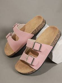 Papuci de damă cu cataramă la modă, din lemn moale, stil resort, sandale de plajă de vară, sandale casual pentru exterior cu curea pentru femei - Roz - Vizualizare 4