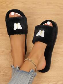 Dép xỏ ngón hở mũi mềm mại, đế mềm, nhẹ, họa tiết thêu bướm, thích hợp cho phòng khách và phòng ngủ, mọi mùa - màu đen - Xem 1