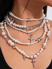 1pc Minimalist Vintage Cross & Pearl Layered Necklace, Fashion Statement Choker Necklace, Suitable For Party, Gathering, Daily Wear, Gift For Her
