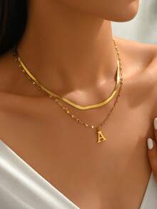 1pc Minimalist Stainless Steel Double Layer Necklace With Uppercase Letter Pendant, Suitable For Women's Daily Wear Or As A Gift For Friends - Yellow Gold - View 2