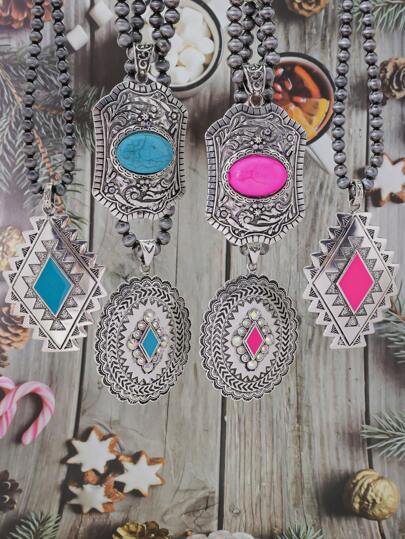 1pc Western Country Style Imitation Pearl Vintage Turquoise Exaggerated Pendant Necklace For Women