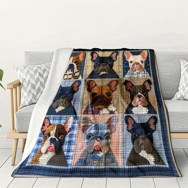 1PC Dog Nine Grid Pattern Flannel Sheep Blanket, Soft And Skin Friendly Shawl, Lightweight And Perfect Gift, Perfect Home Decoration For Sofa, Travel, Bedroom, Suitable For Family And Friends, Machine Washable, Digital Printing, Modern Style, Suitable For All Seasons
