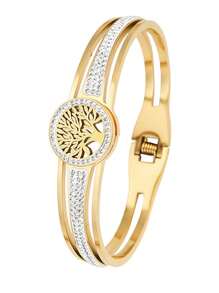 1pc 18K Gold Plated Stainless Steel Fashion Tree Of Life Bracelet, Elegant Accessory