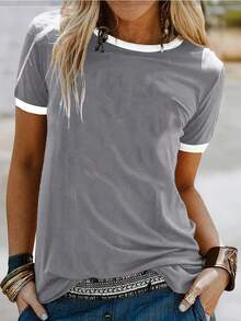 Women's Spring Summer Casual Solid Color Short Sleeved Round Neck T-Shirt - 黑與白 - 查看 2