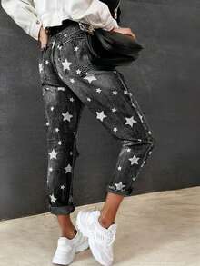 1 pieza Jeans de cintura alta ajustable con estampado de estrella desgastado y lavado, sin estiramiento, talla grande, para mujer, Jeans de mezclilla con estampado de estrella, nueva llegada 2025, moda, producto talla grande vendido