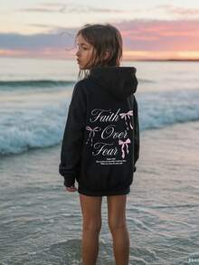 Felpa con cappuccio casual e ampia, stile da strada, con stampa a fiocco, adatta per ragazze, maniche lunghe, top casual versatile