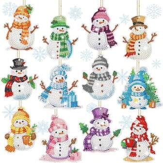 12pcs Acrylic Diamond Painting Keychain Kit, 5D DIY Christmas Winter Theme Diamond Mosaic Handicraft, Full Drill Snowman Keychain, Suitable For Holiday Handmade Gifts