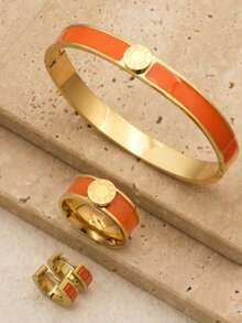 1 Set/4pcs New Fashion Roman Numeral Bangle Bracelet, Stainless Steel Resin Bracelet, Ring, Earrings, Gold Jewelry, Best Gift For Relatives And Friends - Orange Color - View 2