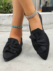 Women's Pointed Toe Bow Ballet Flats, Comfortable Slip-On Knit Flat Shoes For Spring & Autumn - Black - View 2