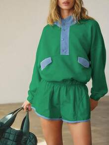 Women's Early Fall Sports Two Piece Contrast Half Placket Elasticated Waistband Top Elasticated Waistband Shorts - 綠色 - 查看 3