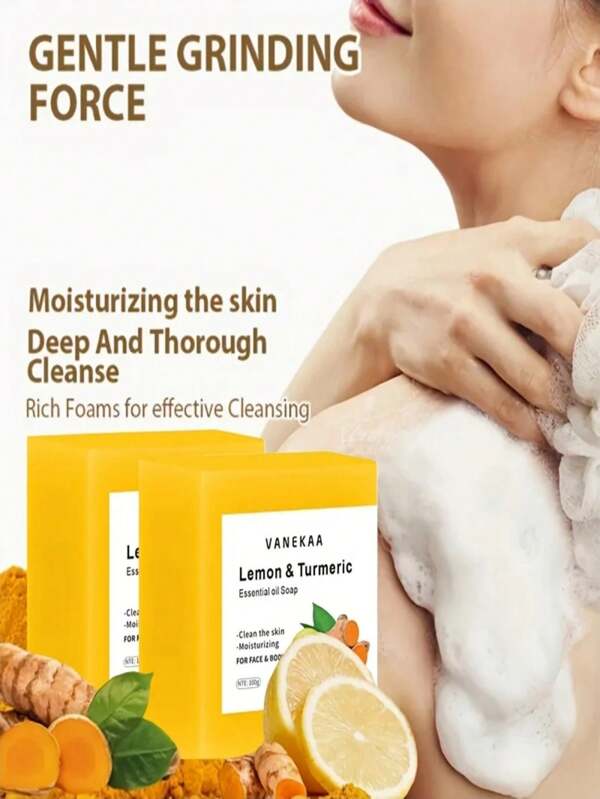 Turmeric Lemon Kojic Acid Soap Bars For Face And Body Cleansing, Containing Shea Butter, Olive Oil, Vitamin E, Lemon, Turmeric And Kojic Acid, Turmeric Spot Removal Soap, Kojic Acid Soap For Face, Body And Underarms, Revitalizing Skin, Turmeric Skin Soap With Rich Foam And Moisturizing, Suitable For All Skin Types For Men And Women, Ideal Christmas Gift (Random Color And Style)