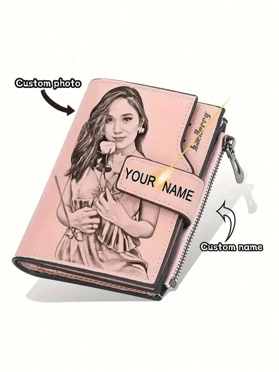 1pc Customized Photo Engraved Women's Wallet - Elegant Floral Design, Multiple Card Slots, Zipper Closure - Personalized Gift For Mother's Day, Valentine's Day, Anniversary - Fashionable & Cute Accessory, Made Of Synthetic Material
