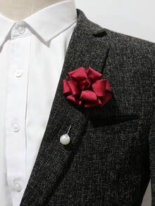 1pc Burgundy Artificial Rose Boutonniere, Groom Wedding Flower, Graduation Party Decor - Burgundy - View 1