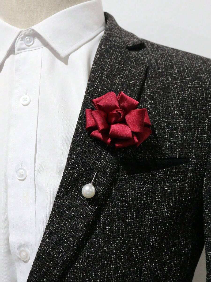 1pc Burgundy Artificial Rose Boutonniere, Groom Wedding Flower, Graduation Party Decor - Burgundy - View 1
