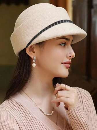 1 pieza Boina de lana elegante de unicolor para mujer, estilo ecuestre británico, sombrero cálido y a prueba de viento para exteriores, gorra de estilo periodista versátil y de moda, adecuada para viajes y compras