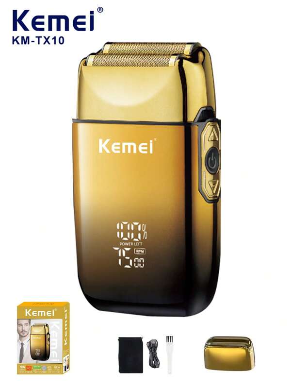 Kemei 1 pièce Rasoir électrique pour homme KM-TX10 avec 3 vitesses, rechargeable USB, rasage à sec ou humide, rasoir réciproque avec affichage numérique, tondeuse à barbe/lame de rechange