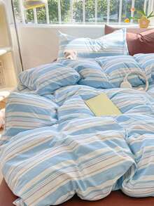 2/3件套浅蓝色条纹学生风超柔软纯色哑光被套枕套套装，床上用品，柔软亲肤被套，不含被芯，适用于双人床、大号床、特大号床，四季皆宜，涤纶材质，家居装饰礼品，可机洗，清新简约学生风被套，适用于双人床、大号床、特大号床、加州特大号床 - 藍白色 - 查看 2
