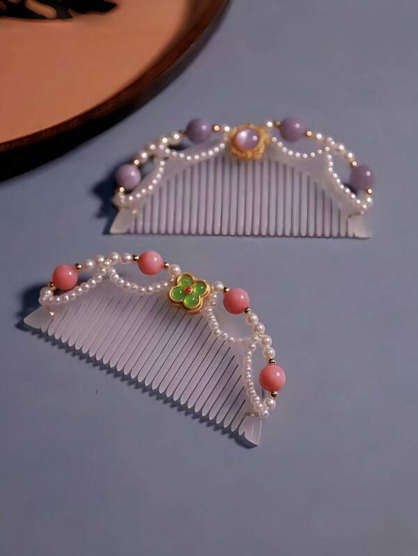 1pc Japan And South Korea Retro Bed Head Comb Clover Purple Sapphire Side Comb, 10CM Long, Diamond-Like Crystal Bright Loved By Network Celebrities Spring, Summer, Autumn And Winter Does Not Hurt The Hair Does Not Hurt The Scalp, Stylish Simple Man-Made Pearl Flower Decorative Side Combs, The Western Popular Kawaii Hair Card, Suitable For Valentine's Day, Haircomb