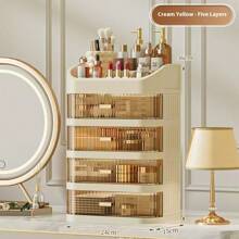 1-Set 3-Layer Crown Design Foldable Drawers Makeup Organizer Box, Cream White Color, Suitable For Cosmetics, Lipsticks, Skincare Products, Desk Top Storage, Thickened & Enlarged Easy To Carry