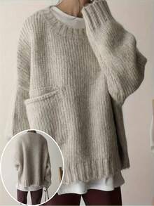 大码女式长袖套头毛衣，带侧袋，秋冬必备单品