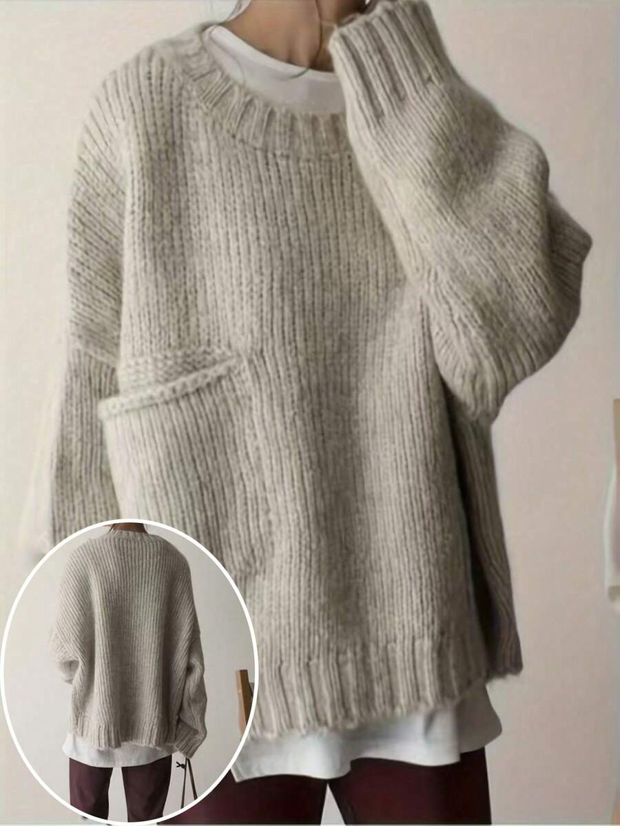 大码女式长袖套头毛衣，带侧袋，秋冬必备单品