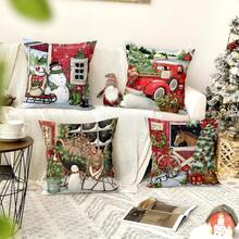 4pcs/280pcs Christmas Theme Pillow Covers, Snowy Night Green Scarf Santa Claus Sleigh Element Pattern, Suitable For Christmas Living Room Bedroom Sofa Decor, 45x45cm Pillow Covers, Christmas Party Gathering Decor, Christmas Party Restaurant Decor, Party Atmosphere Decoration, Excluding Pillow Inserts - Christmas Snowman Sled With Green Scarf On Snowy Night - View 4