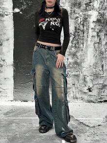 Rikumo 女士时尚街头朋克Y2K风格“心形，吉他”英文印花个性化圆领长袖T恤 冬季 - 黑色 - 查看 6