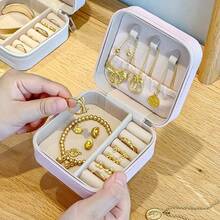 Mini And Portable! Solid Color PU Leather Jewelry Box, Very Convenient For Travel Storage Of Necklaces, Rings And Earrings, Dust-Proof Design To Protect Exquisite Accessories - 淺粉色 - 查看 6