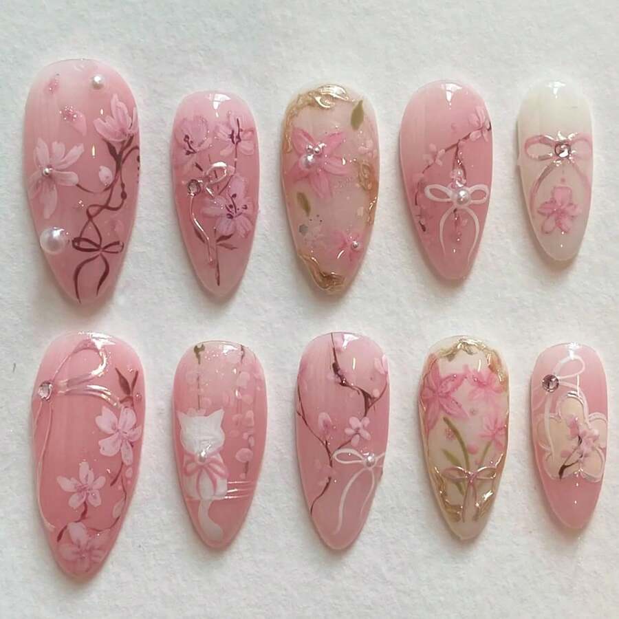 30Pcs Pink Flower Press On Nails Medium Almond Nails With 3D Pearl Rhinestones Designs Glue On Nails Peach Blossom Acrylic Nails Cute False Nails Bow Stick On Nails Women Nail Supplies - 1 - 查看 1