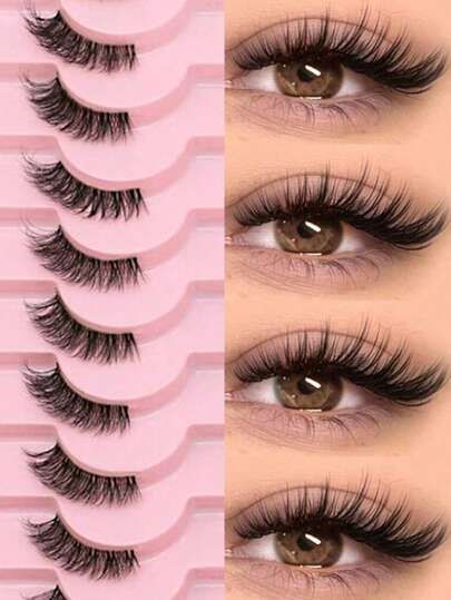 10 paia di ciglia finte a metà lunghezza con banda trasparente, ciglia false a forma di occhio di gatto, corte e morbide, faux ciglia in 3D in stile mink, naturali e morbide, adatte per il trucco, Ognissanti