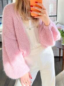 Women's Fuzzy Knit Sweater Long Lantern Sleeve Open Front Solid Color Cardigan Fall Coat - Bright Pink - View 5