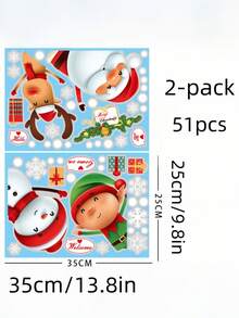 2 张/51 件玻璃圣诞窗贴、圣诞贴纸装饰、节日圣诞老人、驯鹿、雪人、雪花贴纸、派对装饰