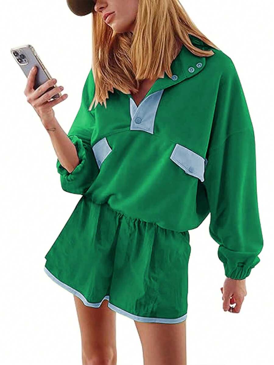 Women's Early Fall Sports Two Piece Contrast Half Placket Elasticated Waistband Top Elasticated Waistband Shorts - 綠色 - 查看 1