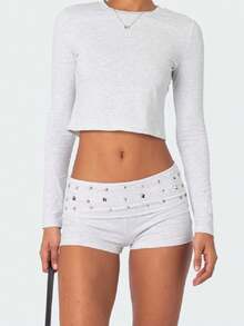 Women Y2K Studded Foldover Micro Shorts Vintage Low Waist Slim Fit Mini Shorts Summer Boxer Short Party Clubwear - Xám - Xem 1