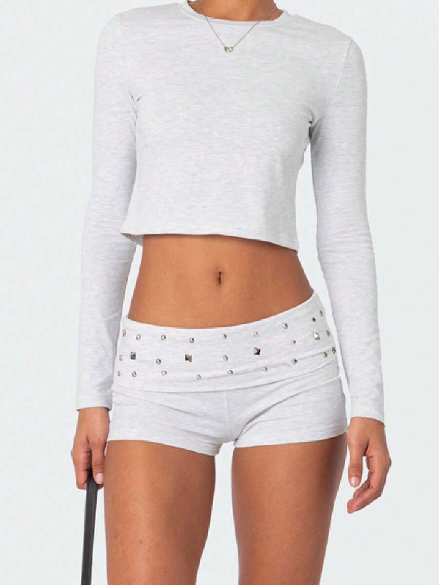 Women Y2K Studded Foldover Micro Shorts Vintage Low Waist Slim Fit Mini Shorts Summer Boxer Short Party Clubwear - Xám - Xem 1