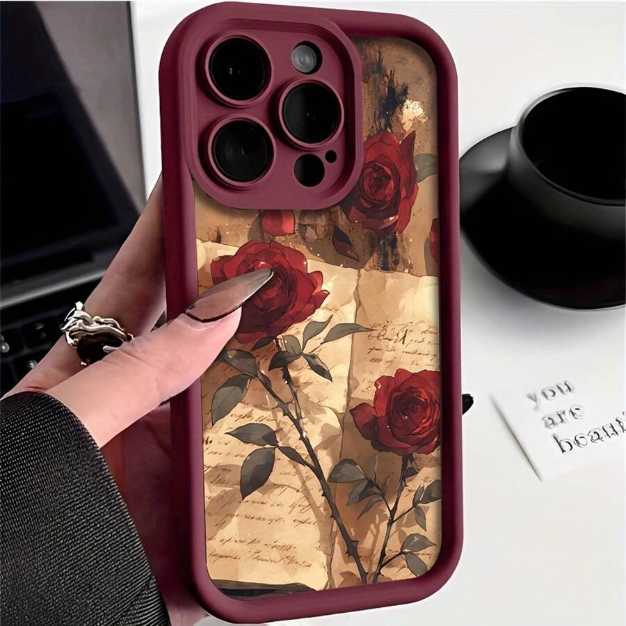 Funda de teléfono a prueba de golpes, funda de teléfono móvil con diseño de rosa de periódico vintage, adecuada para 15/15Plus/15Pro/15Promax, 14/14Plus/14Pro/14Promax, 13/13Pro/13Promax, 12/12Pro/12Promax, 11/11Pro/11Proamx, 7/8Plus, Xr/Xsmax, anti-suciedad, a la moda, de alta gama, regalo, funda de teléfono suave, ligera, delgada y a prueba de golpes. - 1 pieza - Ver 1