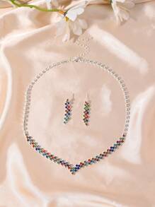 1pc Necklace + 1pair Earrings Fashionable Luxurious Rhinestone Inlaid Necklace & Earrings Set, Suitable For Brides At Wedding, Banquet, Party