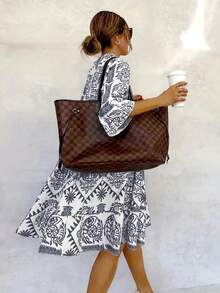 Plus Size Women Elegant New Fashion Floral Print Casual Loose Midi Dress, 3/4 Sleeve Shirt Dress, Suitable For Spring/Summer/Autumn