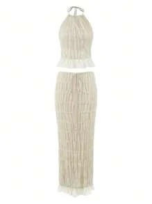 2 pièces/ensemble Robe maxi avec dos nu, volants et garniture en dentelle, en chiffon abricot multicouche. Élégante et romantique