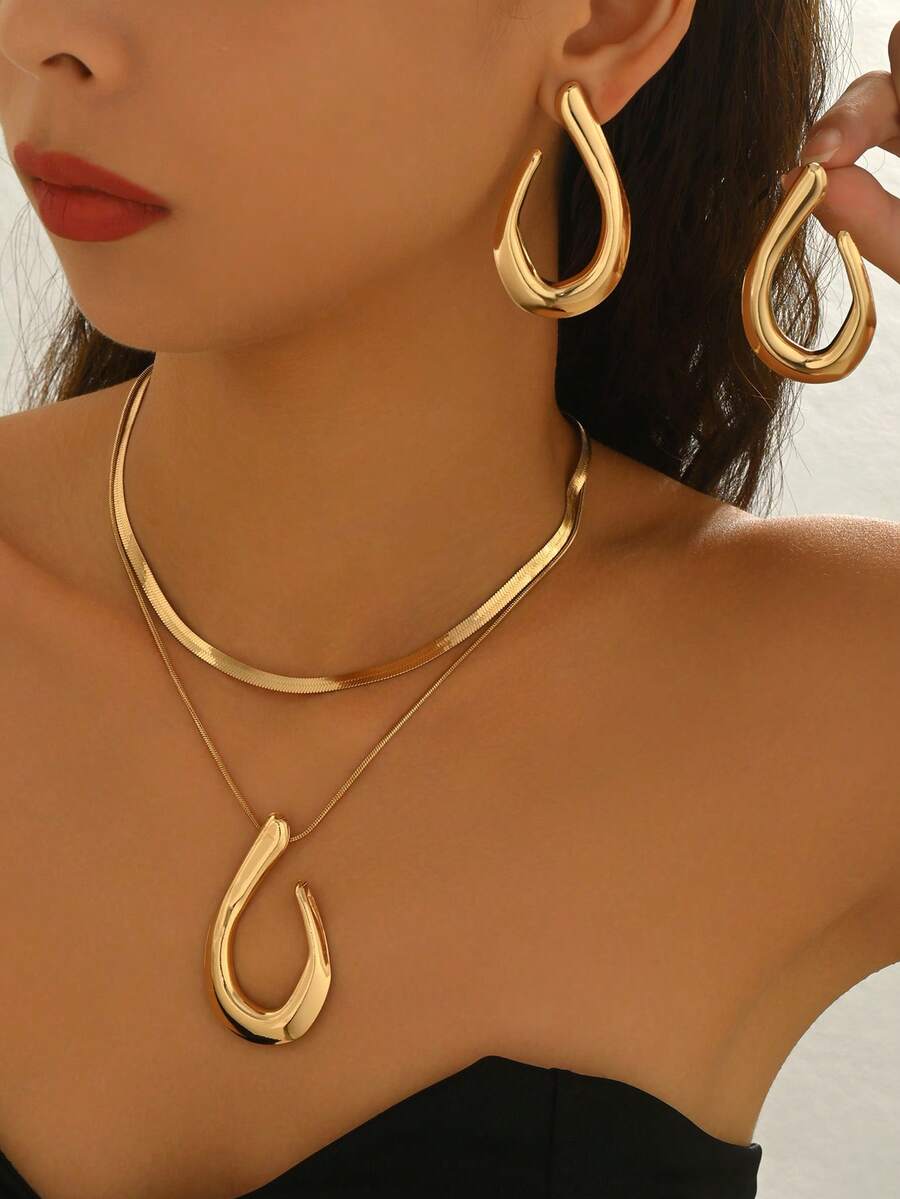 Conjunto de 3 piezas de pendientes, colgante y collar de moda elegante con diseño geométrico asimétrico y en capas, estilo europeo y americano - Amarillo Oro - Ver 1