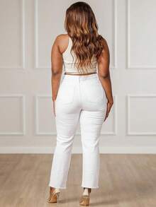 Plus Size White Denim Straight Leg Jeans With Raw Hem And Pockets High Stretch Long - 白色 - 查看 5