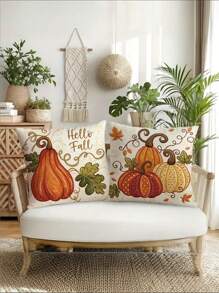 2 件乡村风秋季南瓜抱枕套短毛绒涤纶拉链靠垫套，带有秋叶和“Hello Fall”文字，适用于门廊、露台、沙发、客厅室内/室外装饰（无插入物），秋季家居装饰
