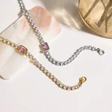 粉色方形锆石情侣手链手镯不锈钢高档珠宝新品独特奢华闪亮手链