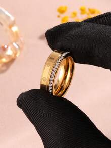 2pcs 18K Gold Plated Stainless Steel Four-Leaf Clover Ring Set With Rhinestones, Waterproof And Fade-Resistant, Suitable For Women's Daily Wear - SGS245 - View 3