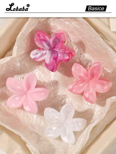 4pcs Bohemian Style Pink Marble Texture Jelly Cream Flower Shaped Hair Clips, Simple & Sweet Hair Accessories For Vacation Flower Claw Clips Autumn Accessories Fall Winter