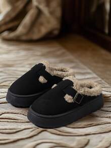 Zuecos de mujer de invierno nuevos con slip-on negra, pantuflas de nieve con plataforma impermeable, suela gruesa y hebilla de correa, material, aumento de altura, talla grande
