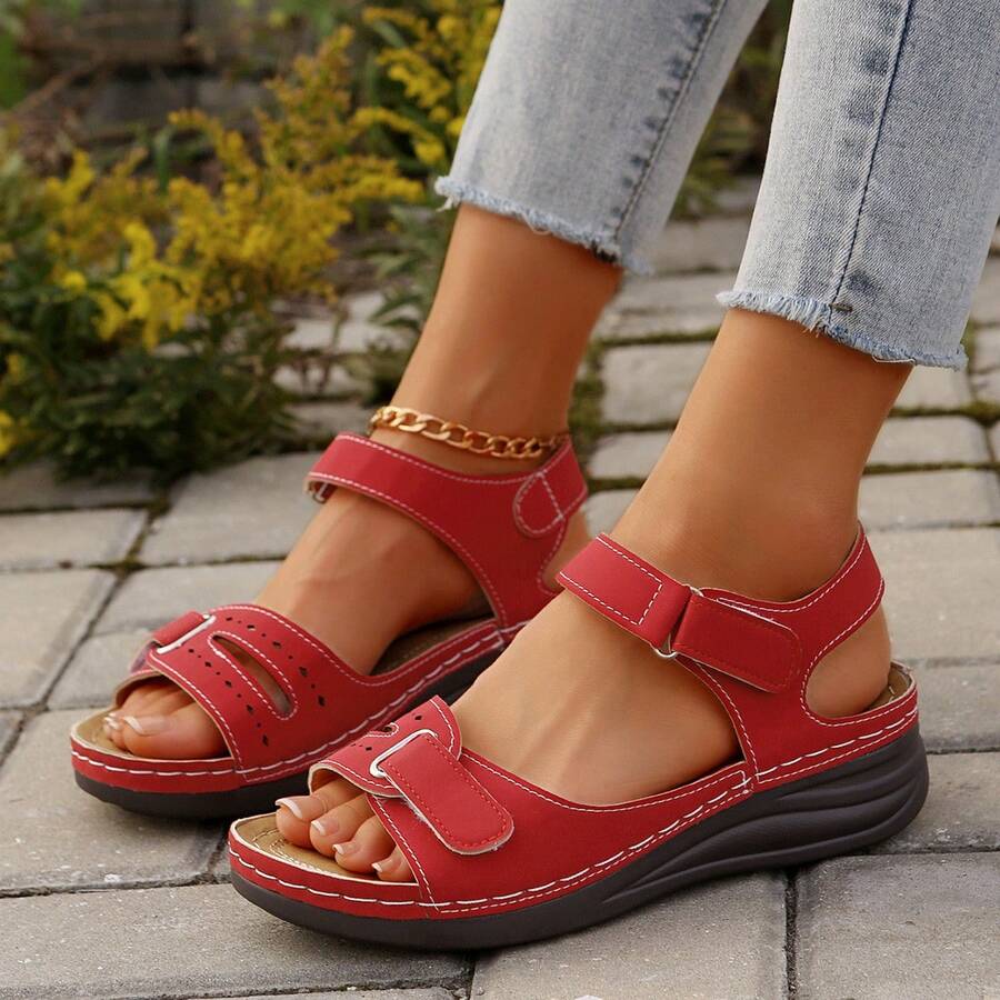 Summer Women's Thick-Soled Wedge Sandals With A Pure Color Magic Sticker And A Single Strap Sandal - Yellow - View 1