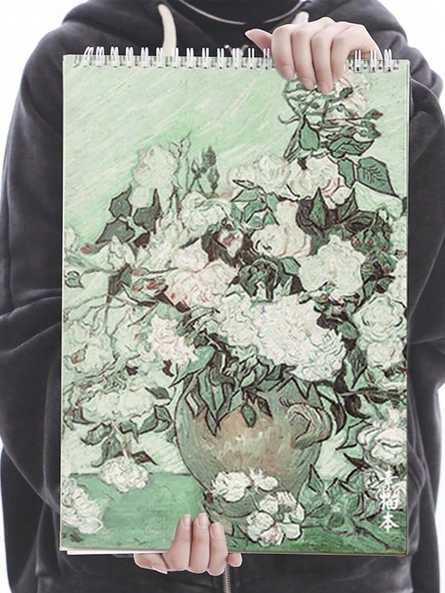 1 件 A4 白玫瑰图案金属线圈素描本，50 页，高品质螺旋装订素描本，适合素描、绘画、绘画，适合成人初学者/艺术家/学生，适用于学校/艺术工作室/家庭艺术创作，绘画学习的艺术用品，送给老师/同事/学生/同学/最好的朋友的小礼物，返校季节